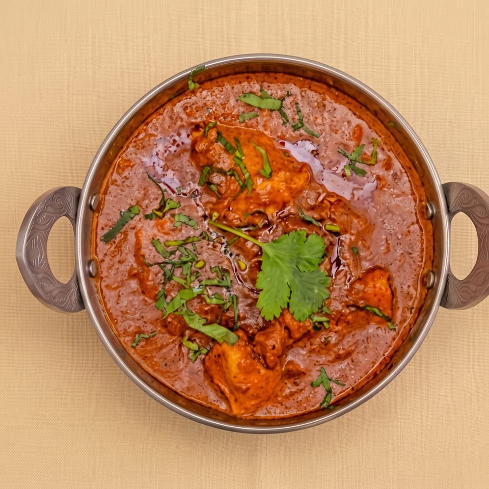 Creamy orange Indian curry garnished with cilantro, served in a handled metal bowl.