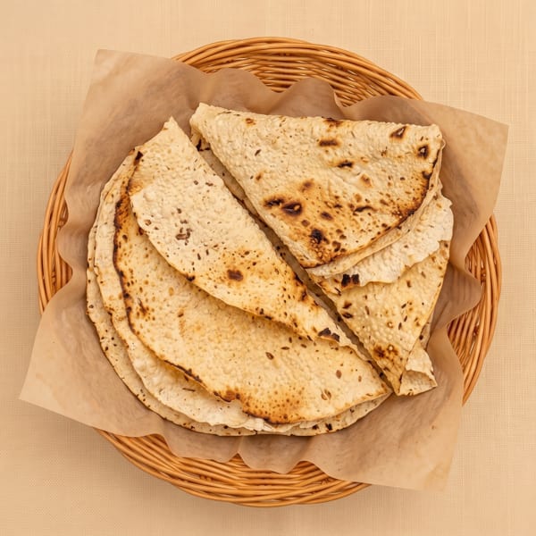 Basket of folded, charred flatbreads with visible herbs, lined with parchment on a woven basket.