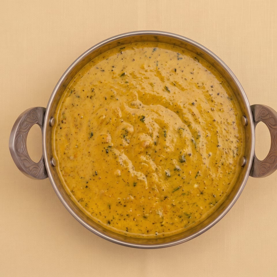 Top-down view of creamy golden curry speckled with herbs in a handled metal serving bowl.