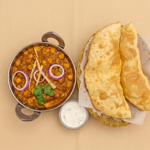 Indian chickpea curry garnished with onions and cilantro, served with fried breads and yogurt sauce.