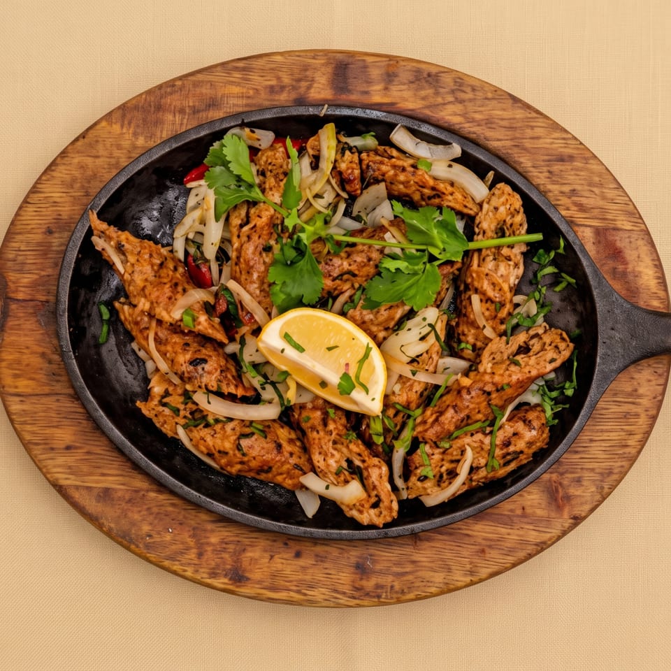 Crispy golden fritters with onions, cilantro, and lemon served in a black skillet on a wooden platter.