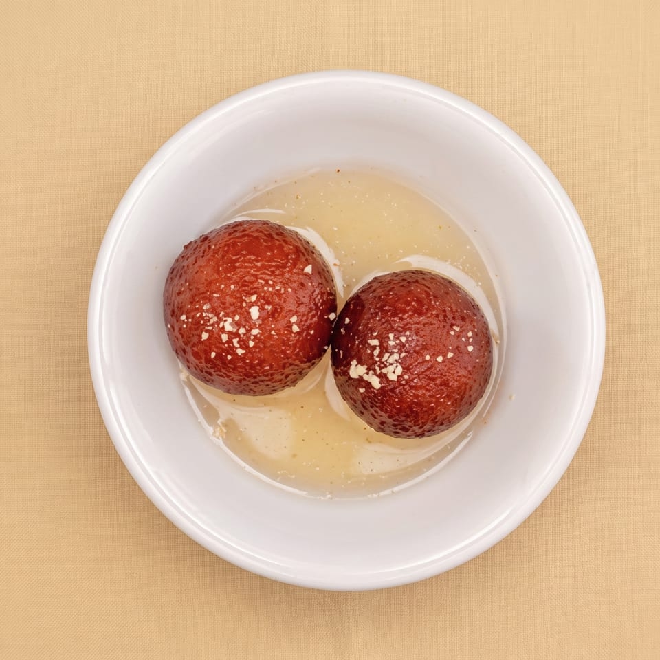 Two red-brown round desserts sprinkled with crumbs in pale sauce, served in a white bowl on a tan cloth.