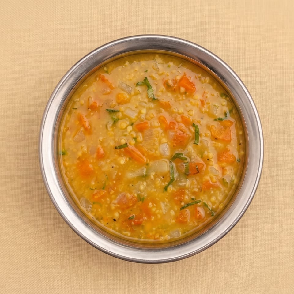 Overhead view of a golden vegetable and lentil stew with carrots, onions, and herbs in a metal bowl.